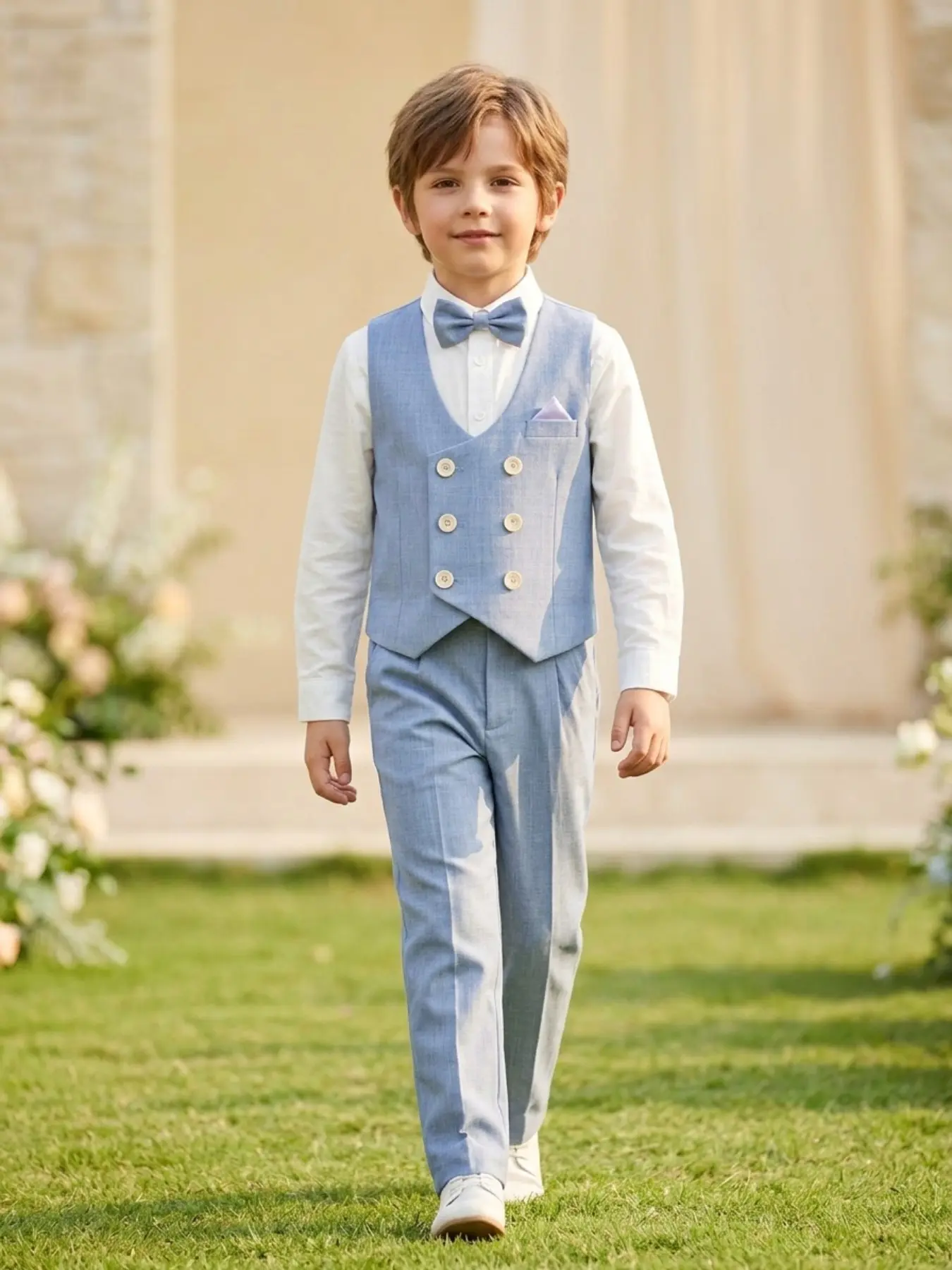 Boys' Double-Breasted Vest 4-Piece Set Suit (Shirt + Vest + Trousers + Bow Tie) Blue-Grey / Light Grey Options Tailored Slim Fit Perfect for Page Boys Hosting & Performances Clothes Kids