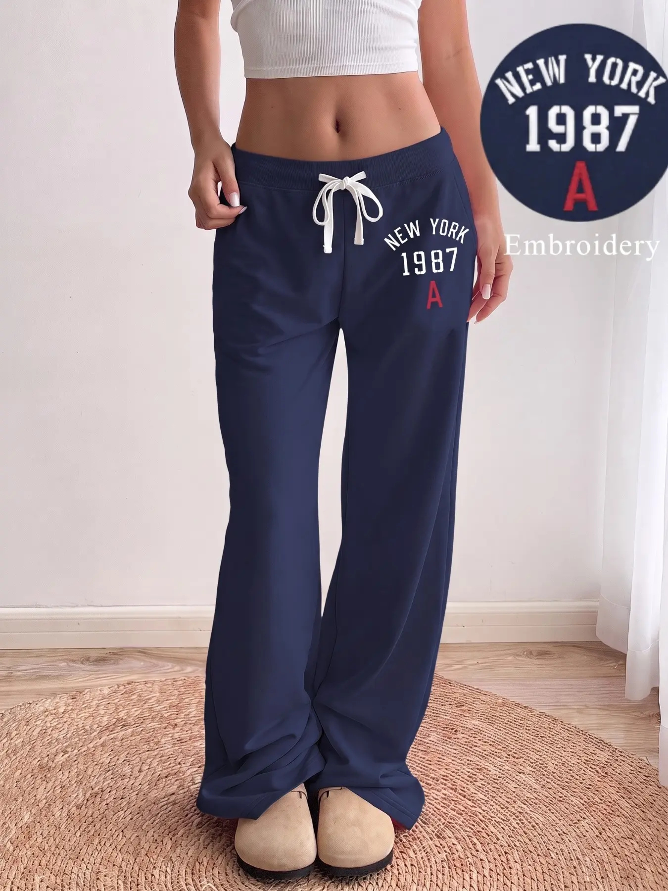 Women's Navy Blue NEW YORK 1987 Print Wide Leg Sweatpants, Casual Drawstring Joggers, Preppy Style Streetwear Trousers, Loose Fit Pants with Pockets, Perfect for Daily Wear, Casual Outfits, Loungewear and Fall Winter Fashion