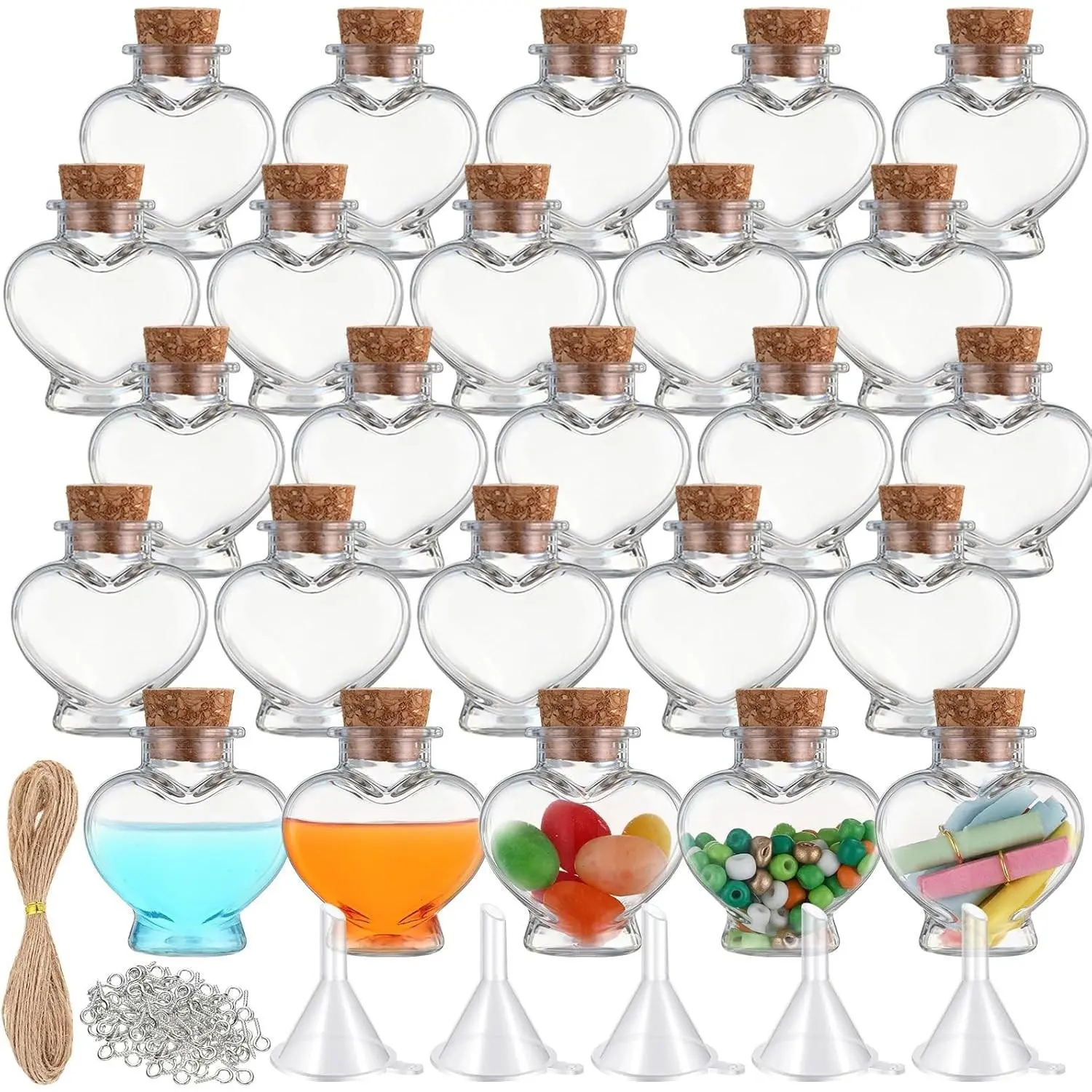Bokon 25 Pack 1 oz Mini Clear Plastic Bottles with Cork, Small Potion Wishing Vials, Tiny Sand Art Jars Bulk for Birthday Halloween Valentine's Party DIY Crafts Gifts (Heart)