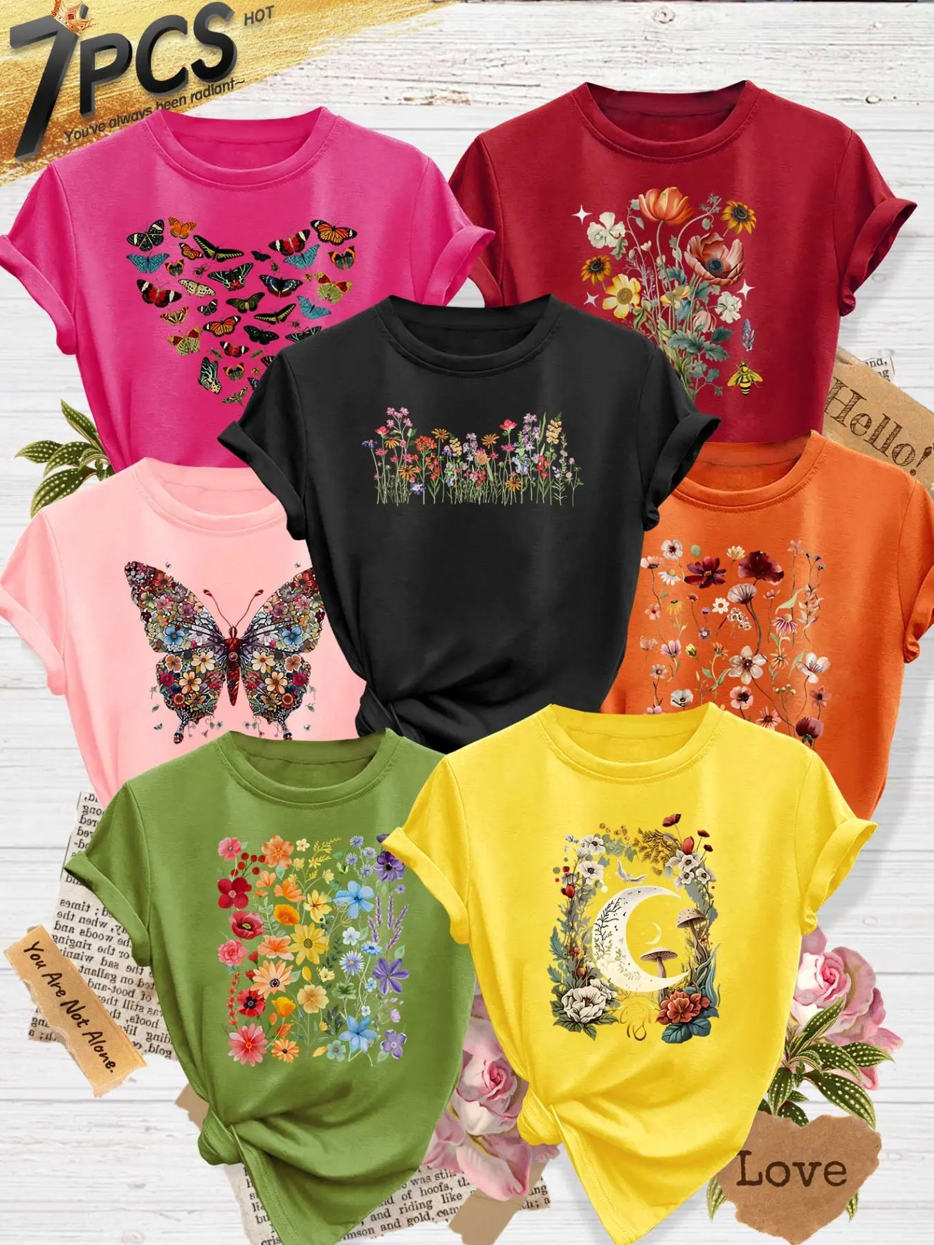 7Pcs Women Casual Crew Tee, Floral Sunflower Moon Butterfly Heart Wildflower Art Print, multi-color washable soft top