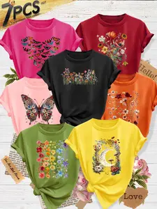 7Pcs Women Casual Crew Tee, Floral Sunflower Moon Butterfly Heart Wildflower Art Print, multi-color washable soft top