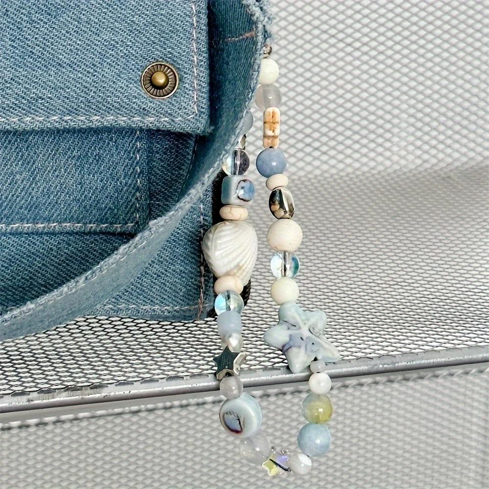 [Cute Charm] Blue Star Seashells Beaded Phone Strap | For Woman Girl | Cute Charm Chain Flower Phone Lanyard Keychain | For iPhone Case