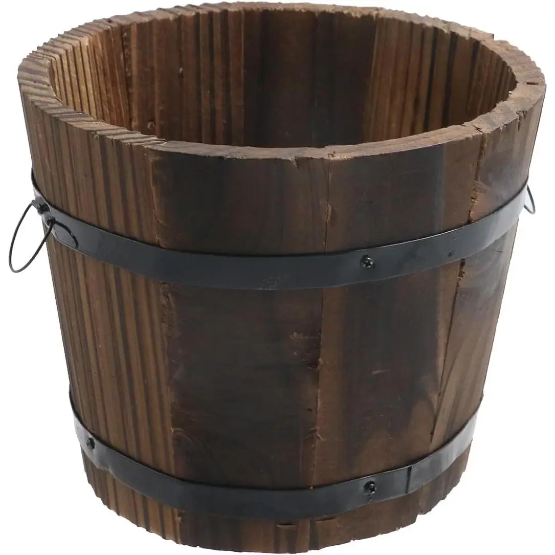 Pots,  Wooden Barrel Planter - Solid Rustic Garden Flower Pot with Metal Handles & Frame for Indoor Planter, Office  Decor, Garden  , 5.91" x 4.72"
