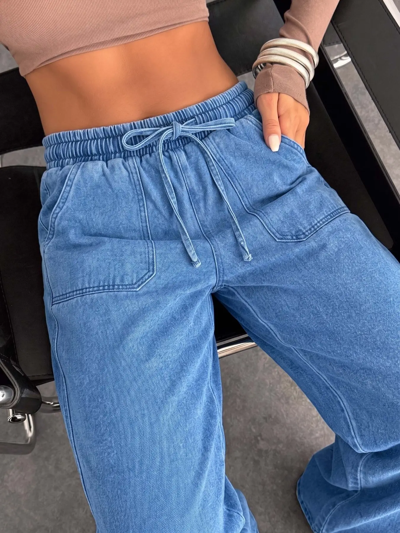 Vintage Light Wash Drawstring Elastic Waist Wide Leg Frayed Edge Baggy Loose Fit Women's Casual Denim Jeans, Comfortable All-Season Long Pants