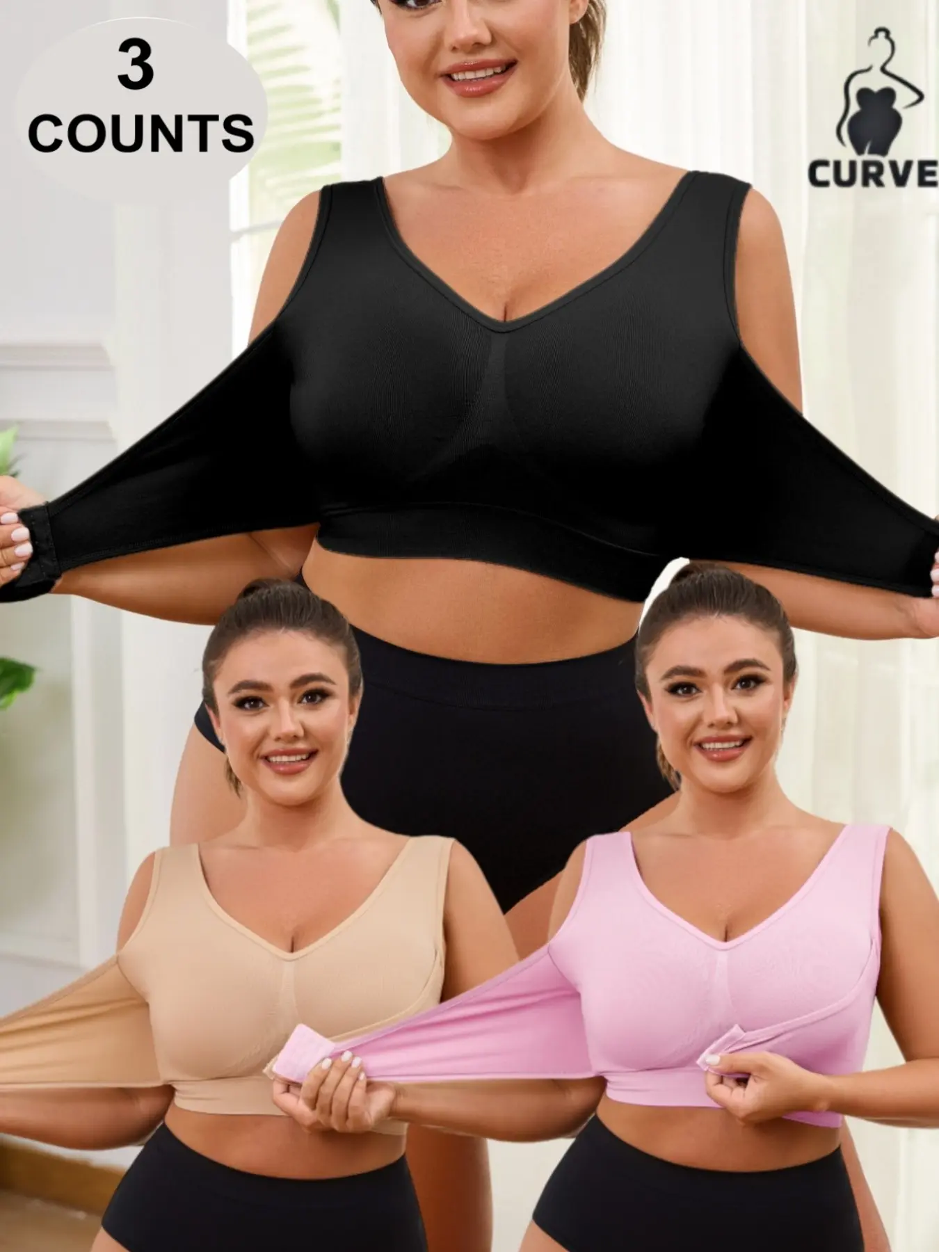 Plus Size Women's Seamless Elastic Push Up Full Coverage Bra Adjustable Front Buckle, Comfortable Breathable Soft Stretch Top,No Padding,All Seasons, Knit Fabric,Ladies Underwear for Daily or Any Occasion