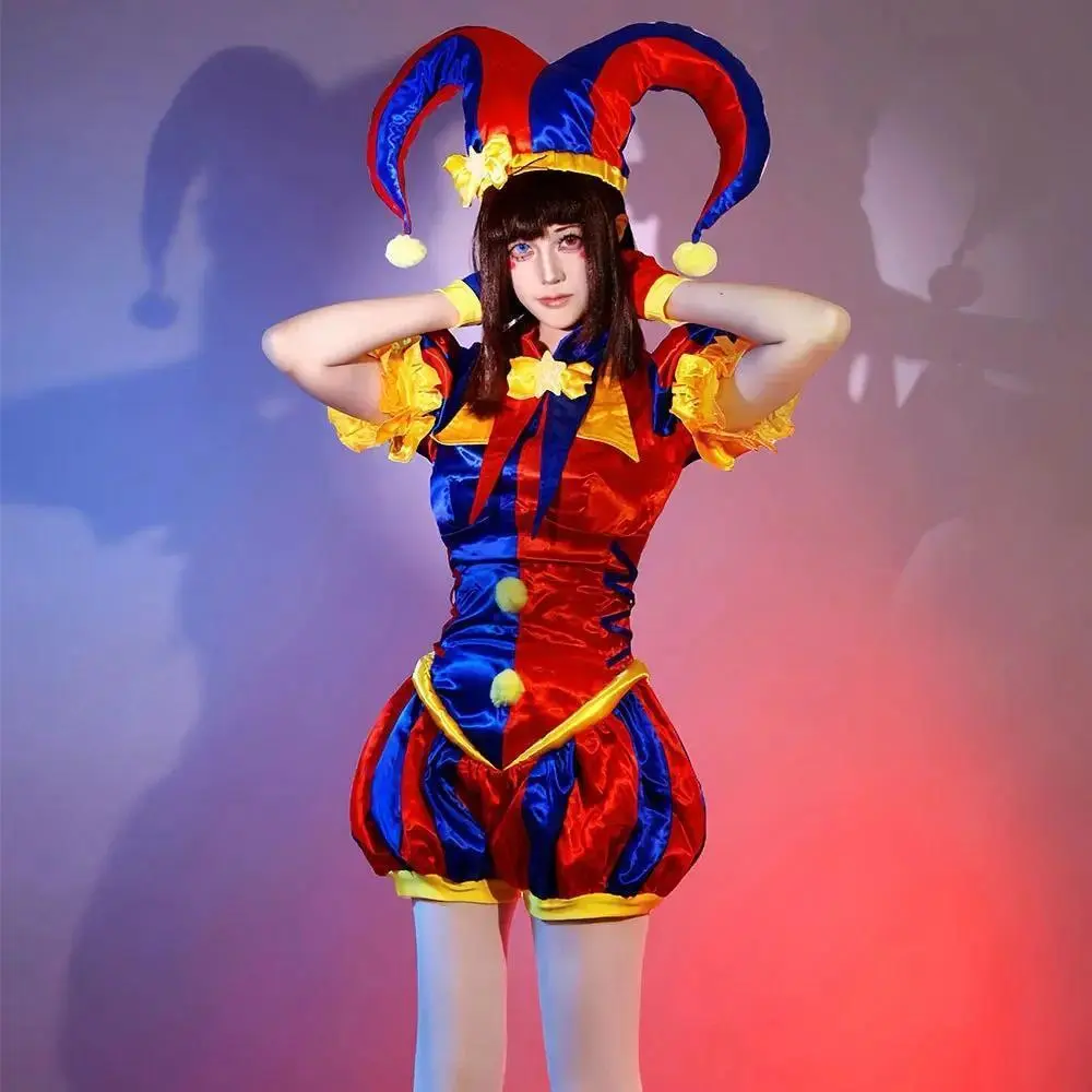 Cosplay Costume Jester costume Blue Red Jumpsuit and Hat with Gloves Socks Christmas Halloween Party Costumes