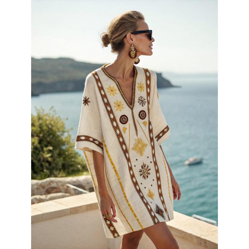 2026 New Hot-Selling Beach Vacation Style V-Neck Bohemian Printed Loose Beach Dress Vacation Style