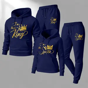 Couple's King & Queen Print Hooded Sweatshirt and Drawstring Sweatpants Set, Casual Sportswear, Long-Sleeve Hooded Jacket and Pants, Suitable for Autumn and Winter, Everyday Wear, Tracksuit, Casual Athletic Wear