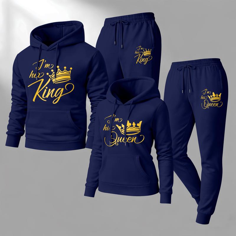 Couple's King & Queen Print Hooded Sweatshirt and Drawstring Sweatpants Set, Casual Sportswear, Long-Sleeve Hooded Jacket and Pants, Suitable for Autumn and Winter, Everyday Wear, Tracksuit, Casual Athletic Wear