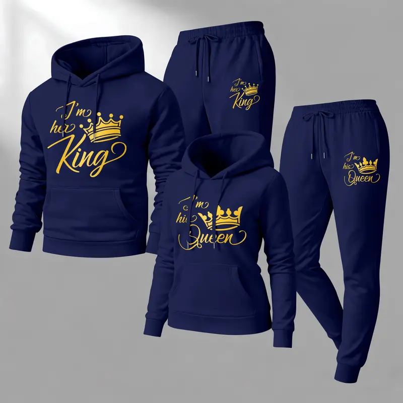 Couple's King & Queen Print Hooded Sweatshirt and Drawstring Sweatpants Set, Casual Sportswear, Long-Sleeve Hooded Jacket and Pants, Suitable for Autumn and Winter, Everyday Wear, Tracksuit, Casual Athletic Wear