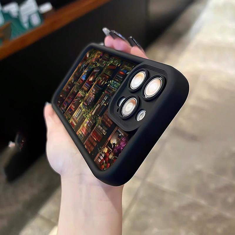 Phone case:Black Creative Bookshelf Book Pattern Anti-Drop Phone Case, Compatible with iiPhone 17 E Air Pro ProMax iPhone16 15 14 Plus 13 12 Mini 11 X XS XR, Aesthetic Black Phone Case, Birthday Gift for Boyfriend/Girlfriend, Cartoon Gift for Him and Her