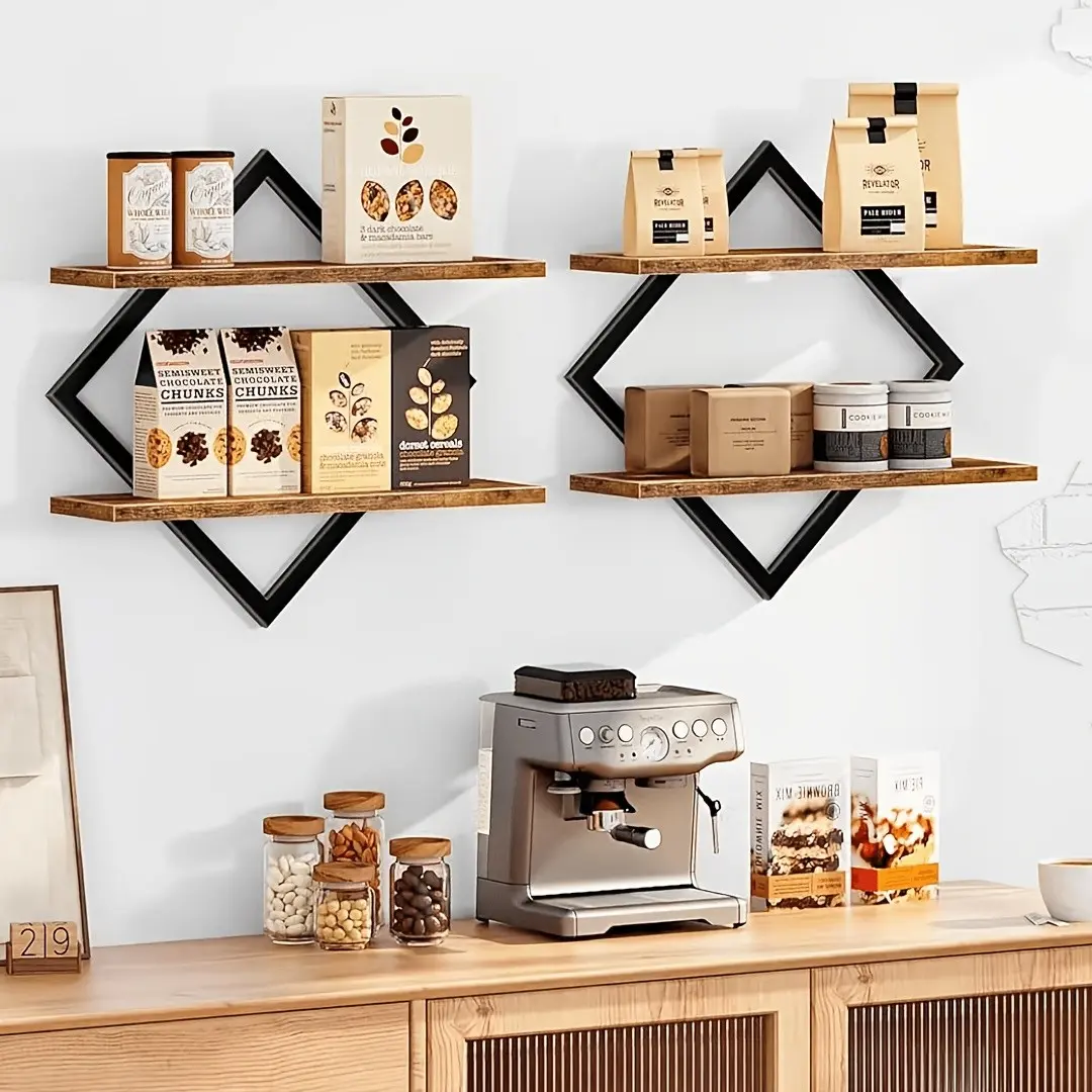 Nordic Style Diamond Shaped Iron Floating Wall Shelves, Retro Textured Wooden Wall Mount Storage Organizer, Easy Installation Display Rack Holds Books Flower Pots Bathroom Supplies, Versatile Wall Decor For Bedroom Living Room Study Office, Ideal Christma