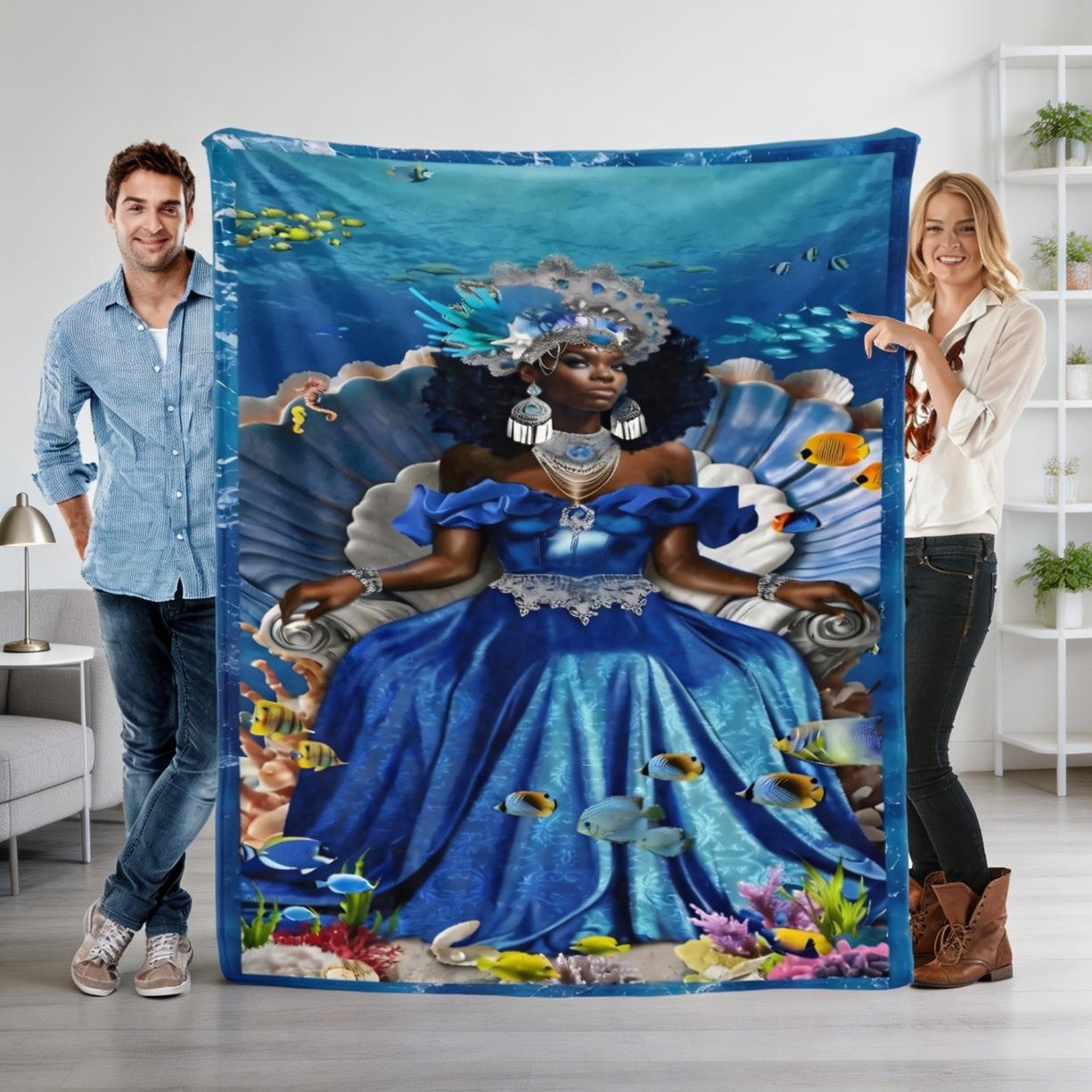 Bless You Yemoja Flannel Blanket, Yemayá Water Goddess Orisha Throw Blanket, Lightweight Cozy Sofa Blanket, Spiritual Living Room Decor, Perfect Gift