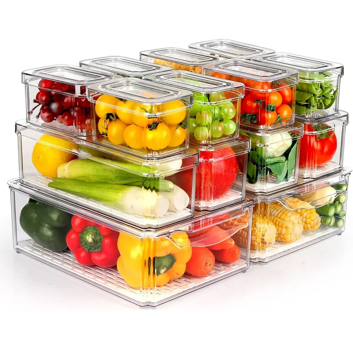 14-Piece Transparent Refrigerator Storage Box Set, with Lid and Drain Tray, 3 Sizes for Fruit Vegetables Food Organization, Freshness Containers