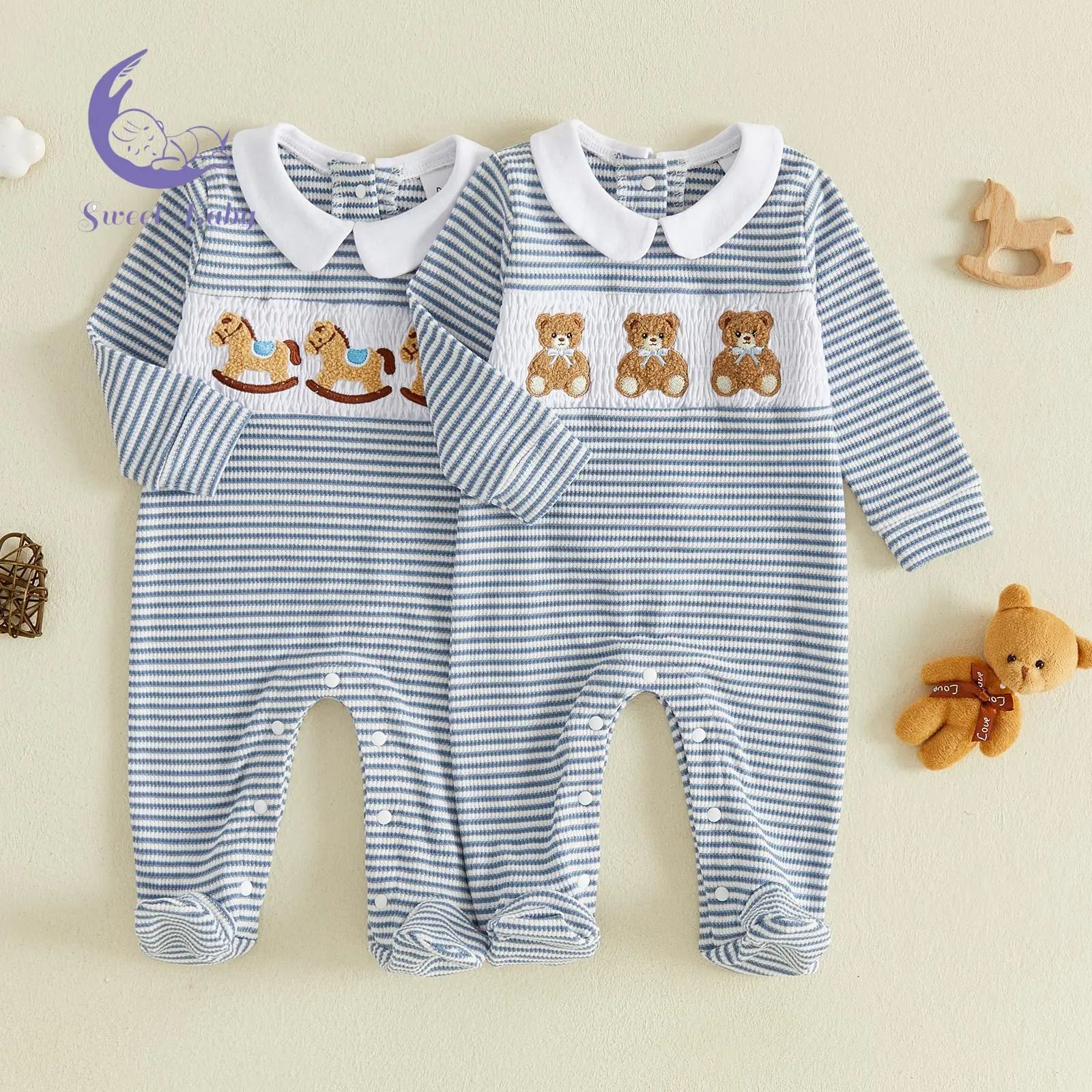 Baby Boy Romper Long Sleeve Doll Collar Bear Embroidery Jumpsuit