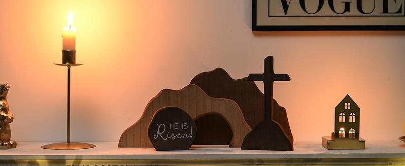 Empty Tomb Wooden Easter Resurrection Scene for Tiered Tray, Jesus Nativity Scene Decor for Religious Decorations, Home Office Tabletop, Shelf Decor