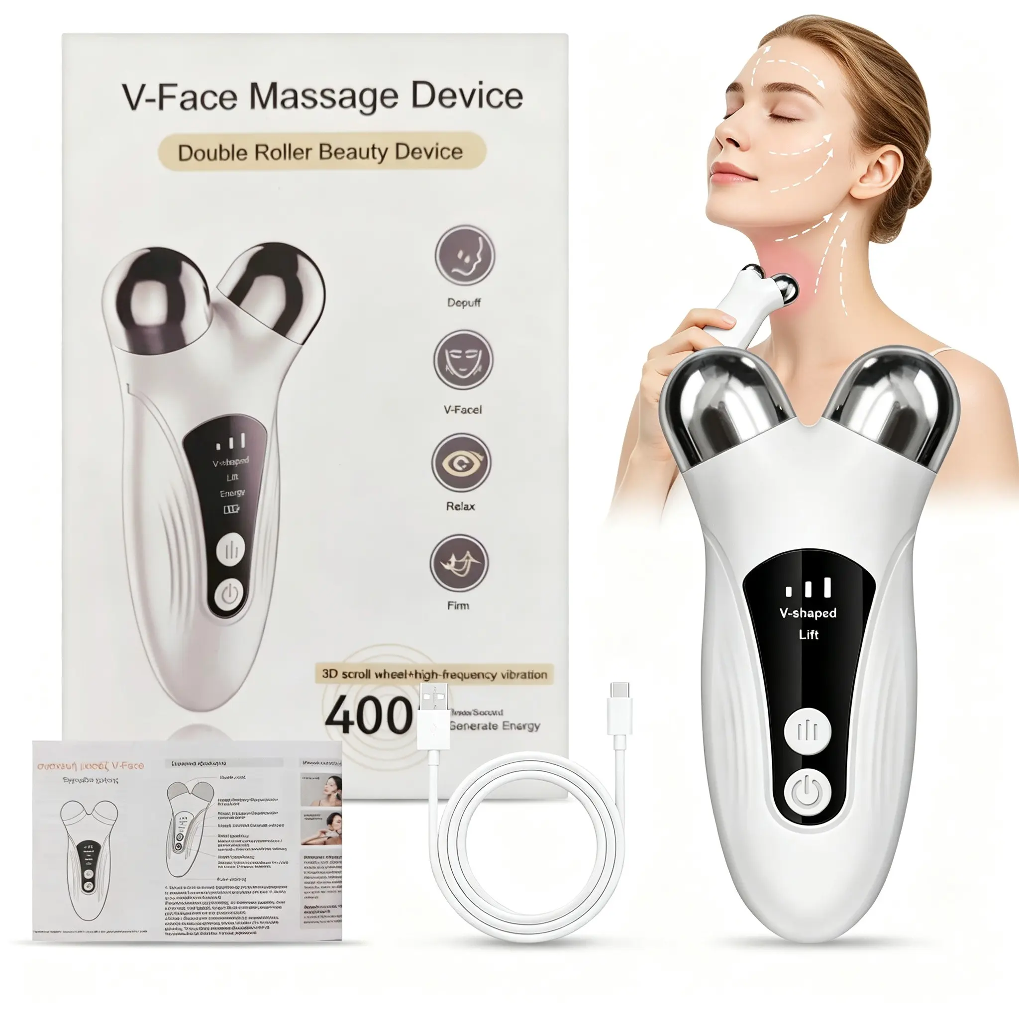 Dual Roller Microcurrent Facial Massager, facial lifting tool, LED Display, Multiple Modes, Face Neck Jaw Care, Ergonomic Design, Portable, for Women