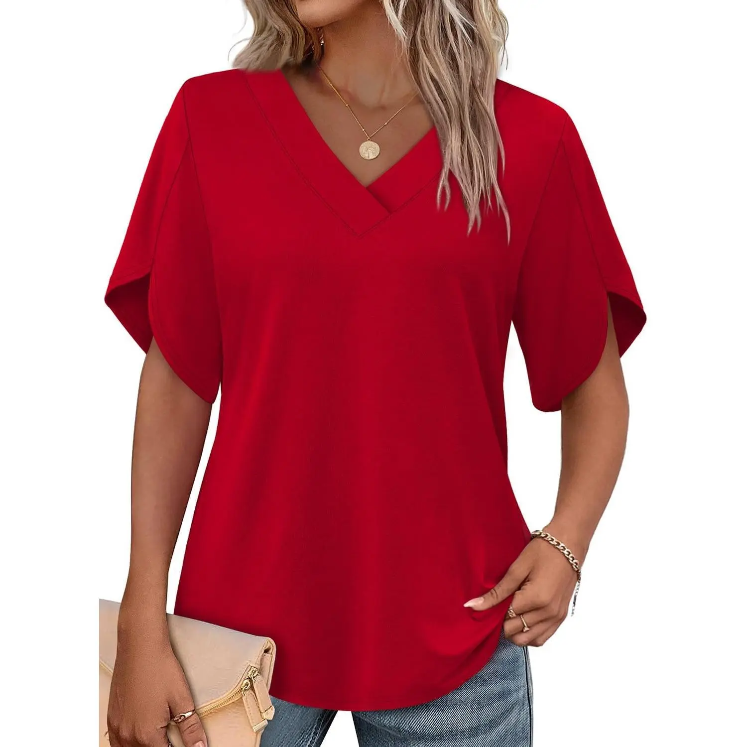 Women's Short-Sleeve Petal Blouse, Casual Summer V-Neck Women's Clothes, Shortsleeve, Fashion Clothing, Tops, Women's Fashion