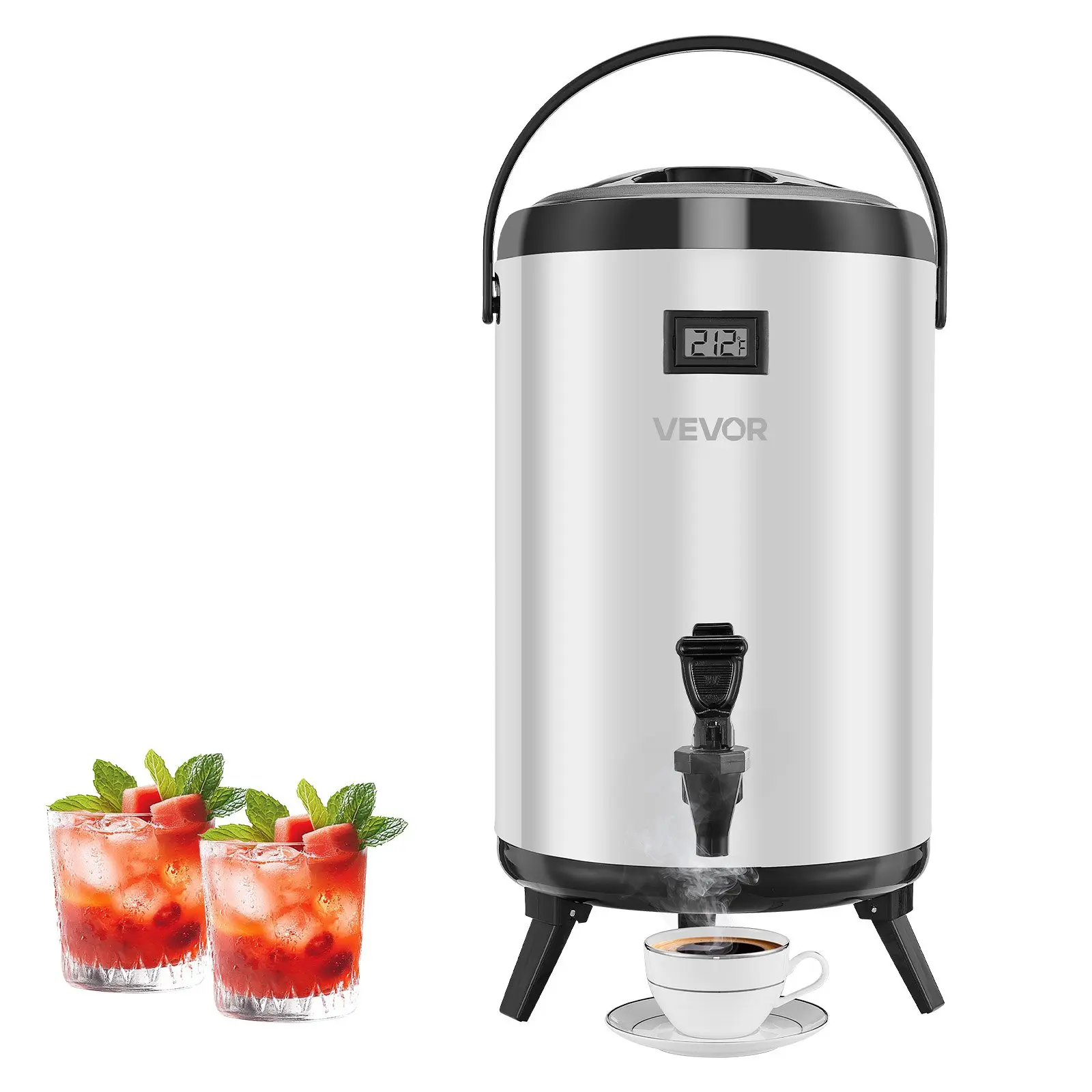 VEVOR 3.2 Gal/12L Stainless Steel Thermal Server, Insulated Beverage Dispenser with Spigot & Temp Display, Hot/Cold (Including Hot Water) Dispense for Restaurants, Cafes, Silver tiktokshopbacktoschool, Hot And Cold Water Dispenser, Freestanding Drink Disp