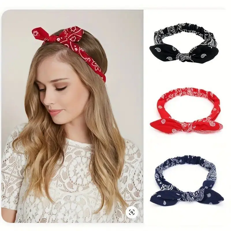 New Paisley Print Rabbit Ear Knotted Fabric Elastic Headband Dance Hair Accessory Sweat Absorbent Hair Band for Daily Wear Sports Party