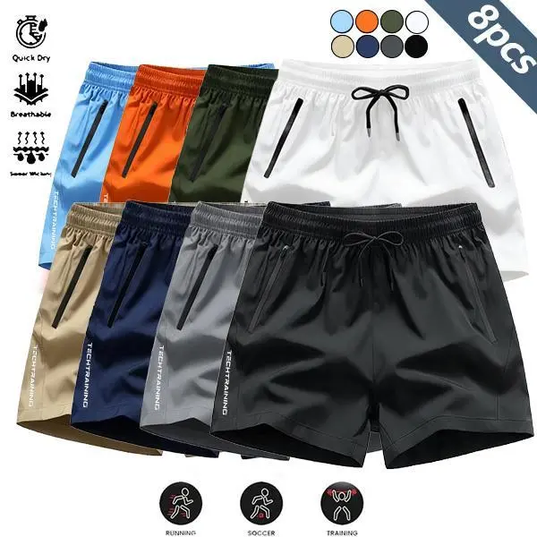 Men's 8-Pack Athletic Shorts, Quick-Dry Lightweight Fabric with Zippered Pockets and Adjustable Waist for Gym, Running, Workouts, Men's Shorts, Zip Pockets, Stretch Fit