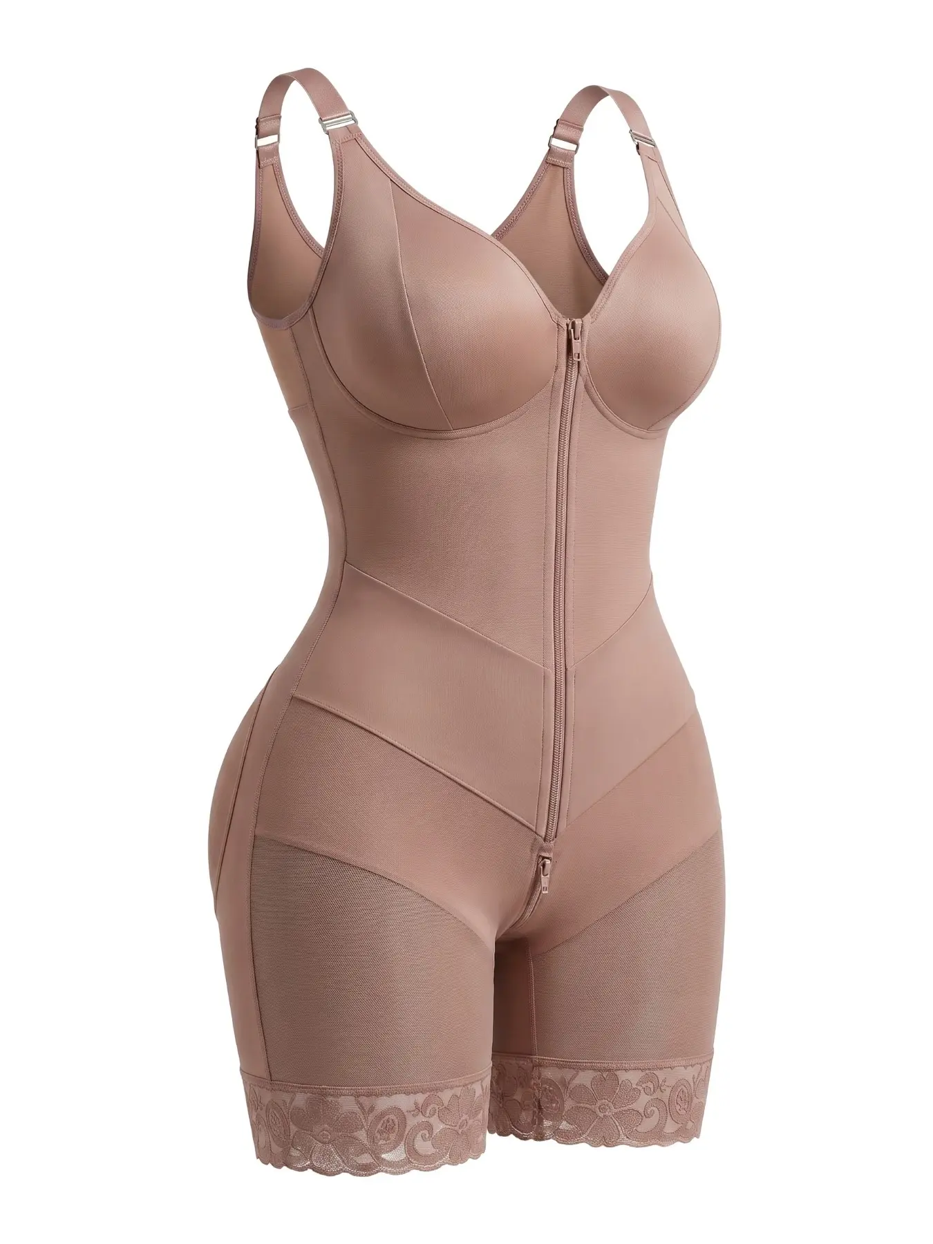 Women Front Zip Body Shaper, Tummy Control Shapewear, Adjustable Straps, Butt Lifting Anti-Roll Lace Bodysuit, Comfortable Fit