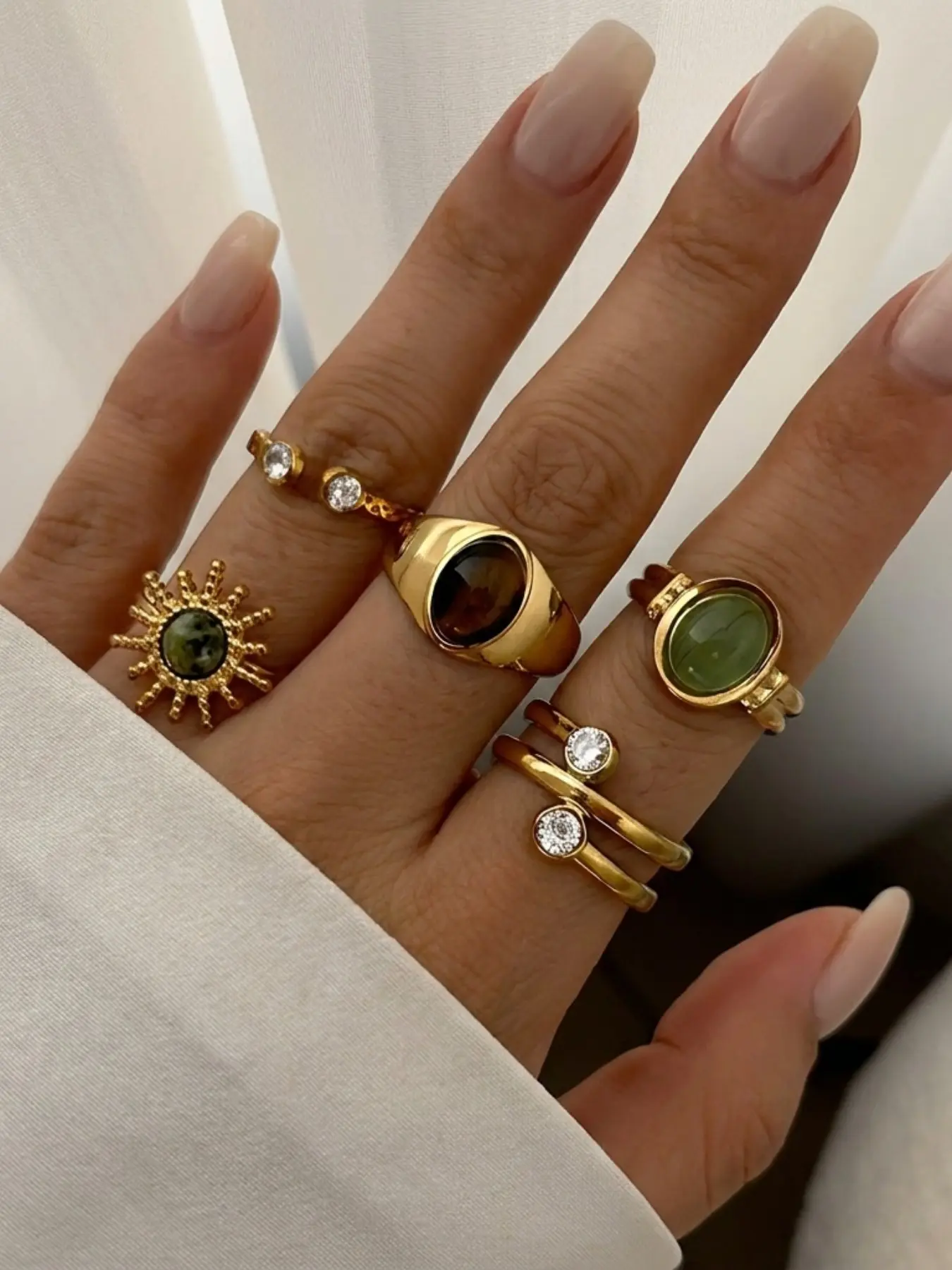 5Pcs Natural Green Moss Agate Sun Rhinestone Stainless Steel Stackable Rings Set Oval Stone Textured Golden Finger Rings Vintage Boho Women Statement Jewelry