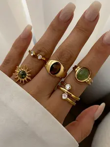 5Pcs Natural Green Moss Agate Sun Rhinestone Stainless Steel Stackable Rings Set Oval Stone Textured Golden Finger Rings Vintage Boho Women Statement Jewelry