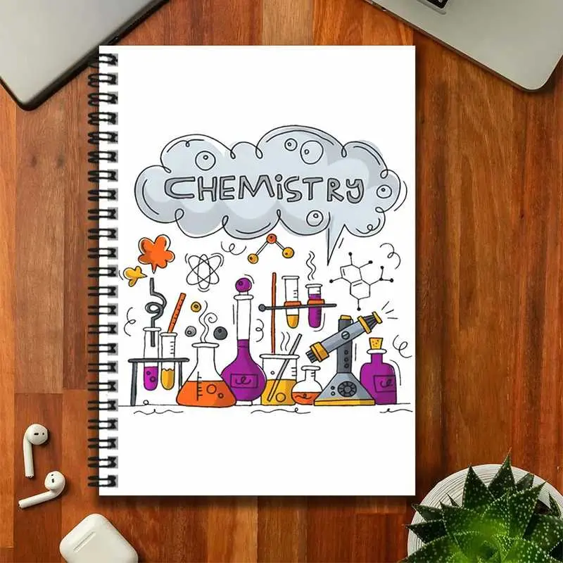 A cartoon-style chemistry spiral notebook, a great aid for work and study, with a cover featuring experimental instruments, atomic structures, and other elements, full of fun.Suitable for diaries, daily plans, notes, and more.An excellent choice for gra