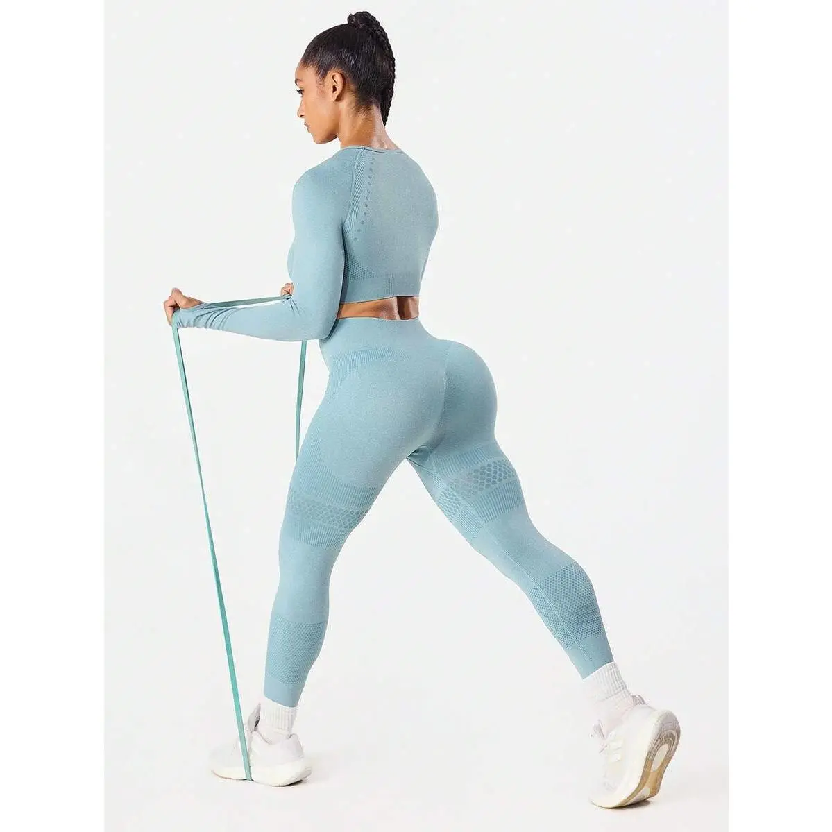 Women's Dusty Blue 2-Piece Seamless Athleisure Set - Long Sleeve Slim Fit Polyamide Blend Studio Yoga Base Layer, Micro Crop Top, Backless Halter, Scrunch Butt Leggings, Dry Clean Safe Gym Active Wear