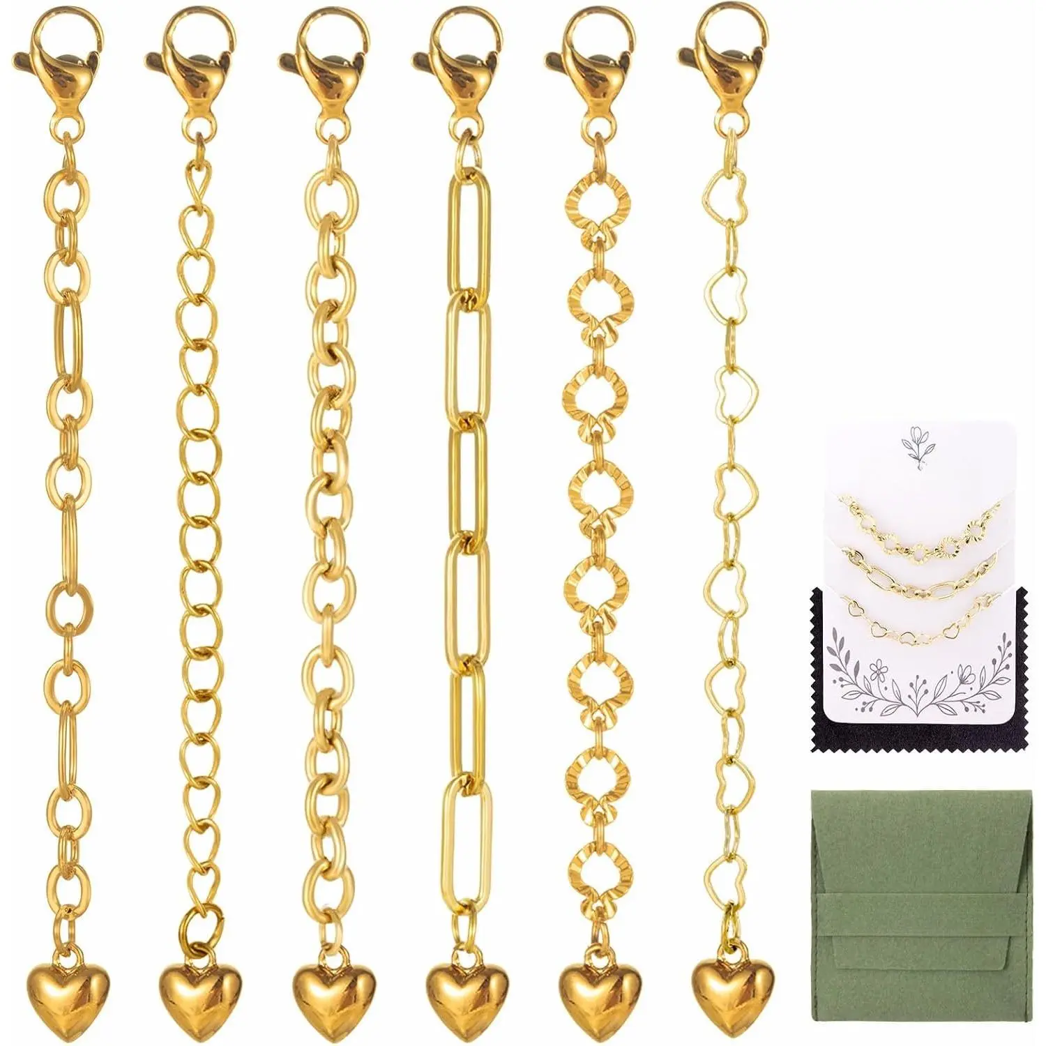 6 count 18K  Plated Necklace Extender for Women(2 inch) | 6 Styles 2" Chains Extenders for Necklace, Delicate  Bracelet Extender for Women with Heart Charm