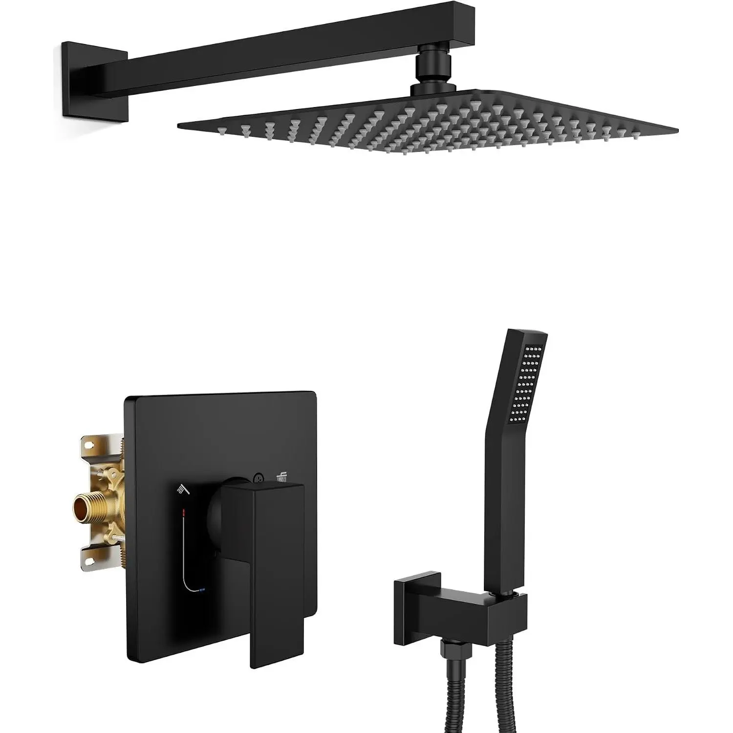 Modern 10-in Wall-Mounted Rainfall Shower System, Brass Valve Trim Kit with Temperature Control Valve, 304 Steel Leak-Resistant Waterway, Black Bathroom Fixture