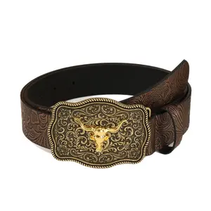 Western Longhorn Bull Buckle Belt with Tooled Floral Pattern soft adjustable side belt