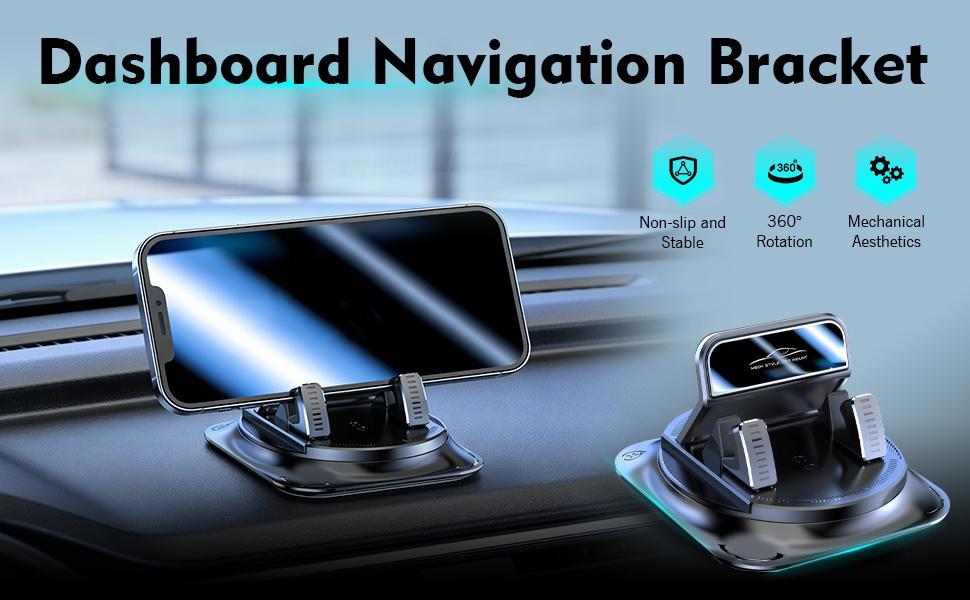 Car Dashboard Phone Holder with Rotating One-Hand Operation Bracket, Auto-Locking Secure Navigation Stand, Anti-Slip Base, Waterproof Easy Clean Mount for Most Phones and Devices