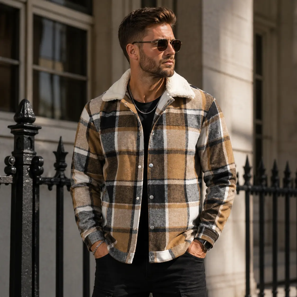 Men's Plaid Jacket Sherpa Fleece Lined Flannel Shirt Snap Button Long Sleeve Shacket Tartan Check Collar Coat Outerwear Streetwear Vintage Casual Khaki Brown Tan Black White Male Fashion Clothing Apparel cozy soft cool clean active sporty premium