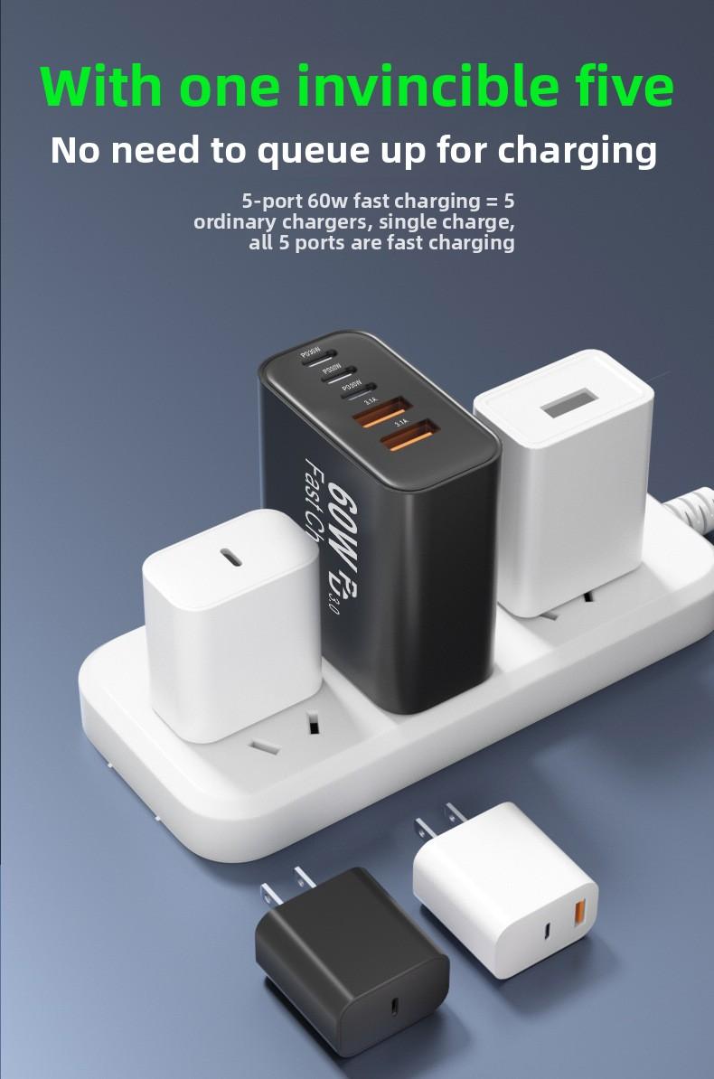 UL certified charger PD60W fast charge suitable for Samsung Apple 30W charging head multi-port adapter source