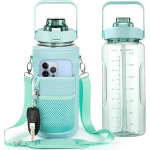 Water bottle with protective cover, motivational water bottle, with straw and time markers, BPA-free, leak-proof, large-capacity sports water bottle, reusable, suitable for gym workouts and sports