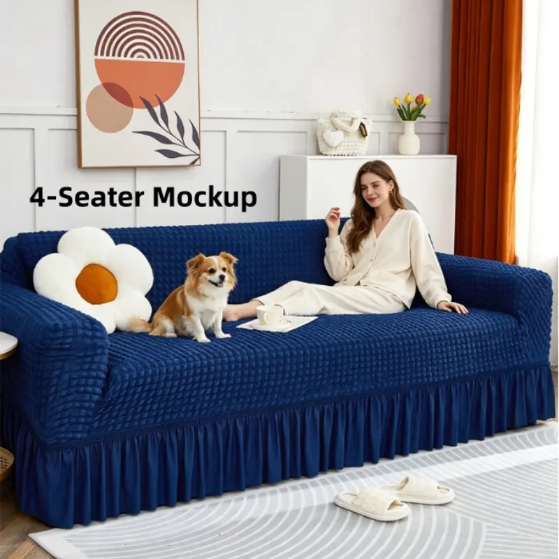 1pc Elastic Bubble Satin Sofa Cover, Fits Single, Double, Triple Sofas, Non-Slip, Washable, Pet-Resistant Living Room Sofa Protector, Slipcover For Sofa
