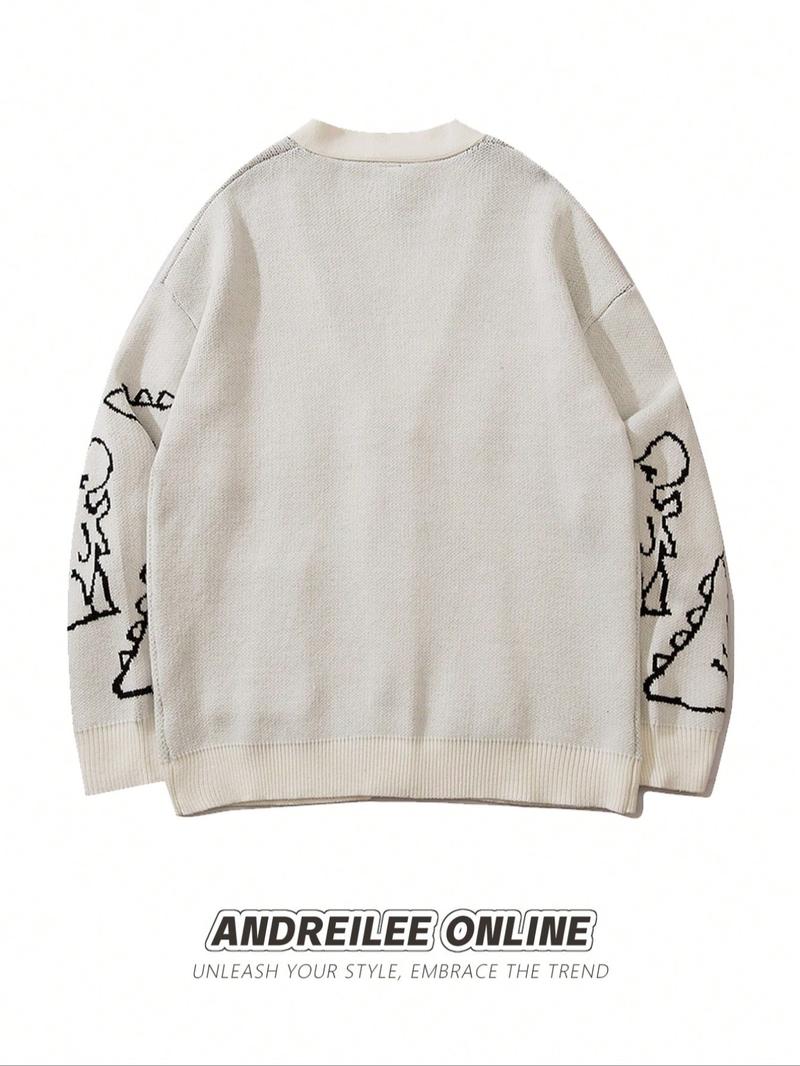 Men's Cartoon Dinosaur Print Pocket Button Front Cardigan, Loose Casual Drop Shoulder Long Sleeve V Neck Knitwear for Spring & Fall, Fashion Men's Knit Clothing for Daily Wear, Cartoon Print Sweater