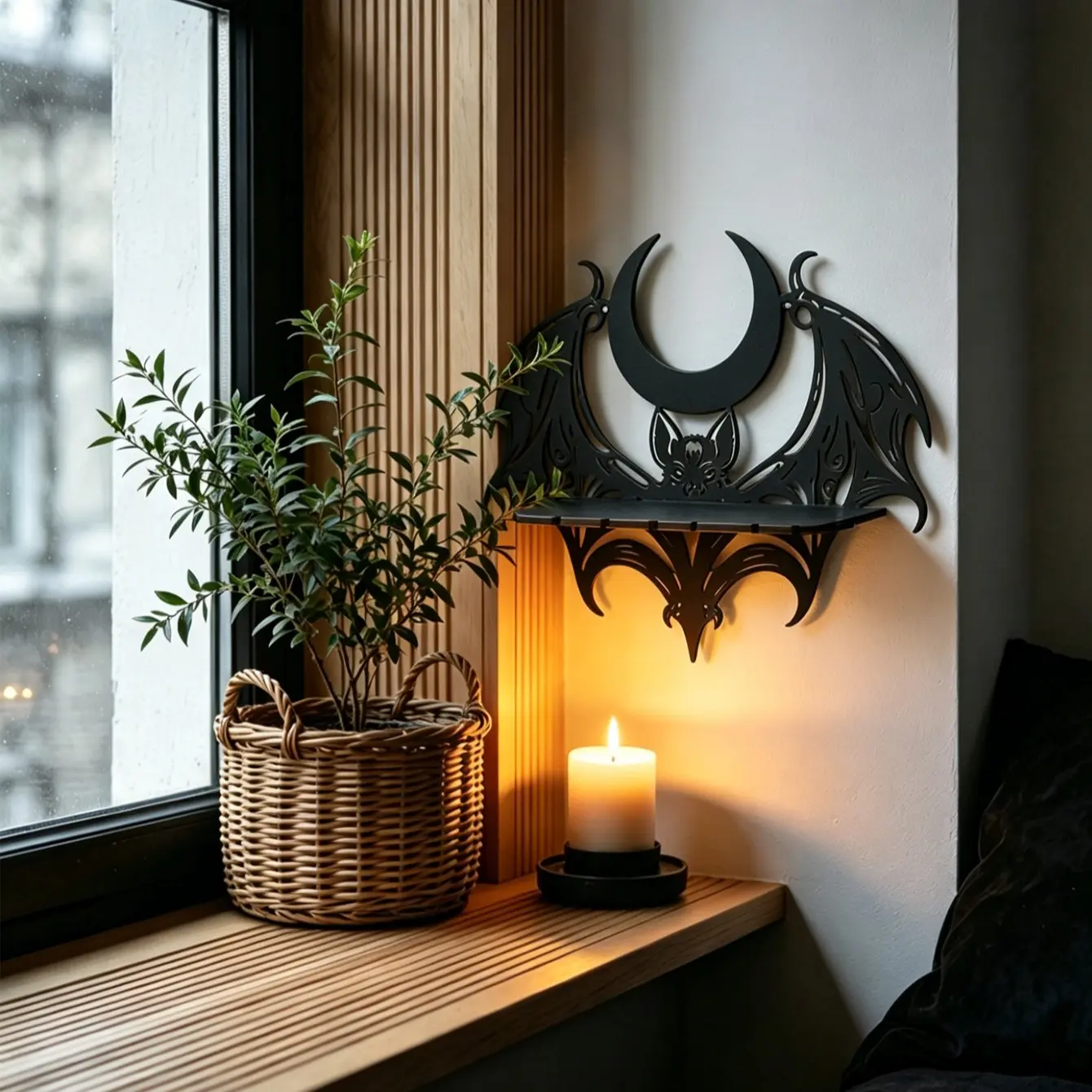 Dark Gothic Bat Crescent Wooden Shelf, Witch Style, Vintage Subculture, Dark Bedroom, Unique Aromatherapy Storage, Crystal Display Rack