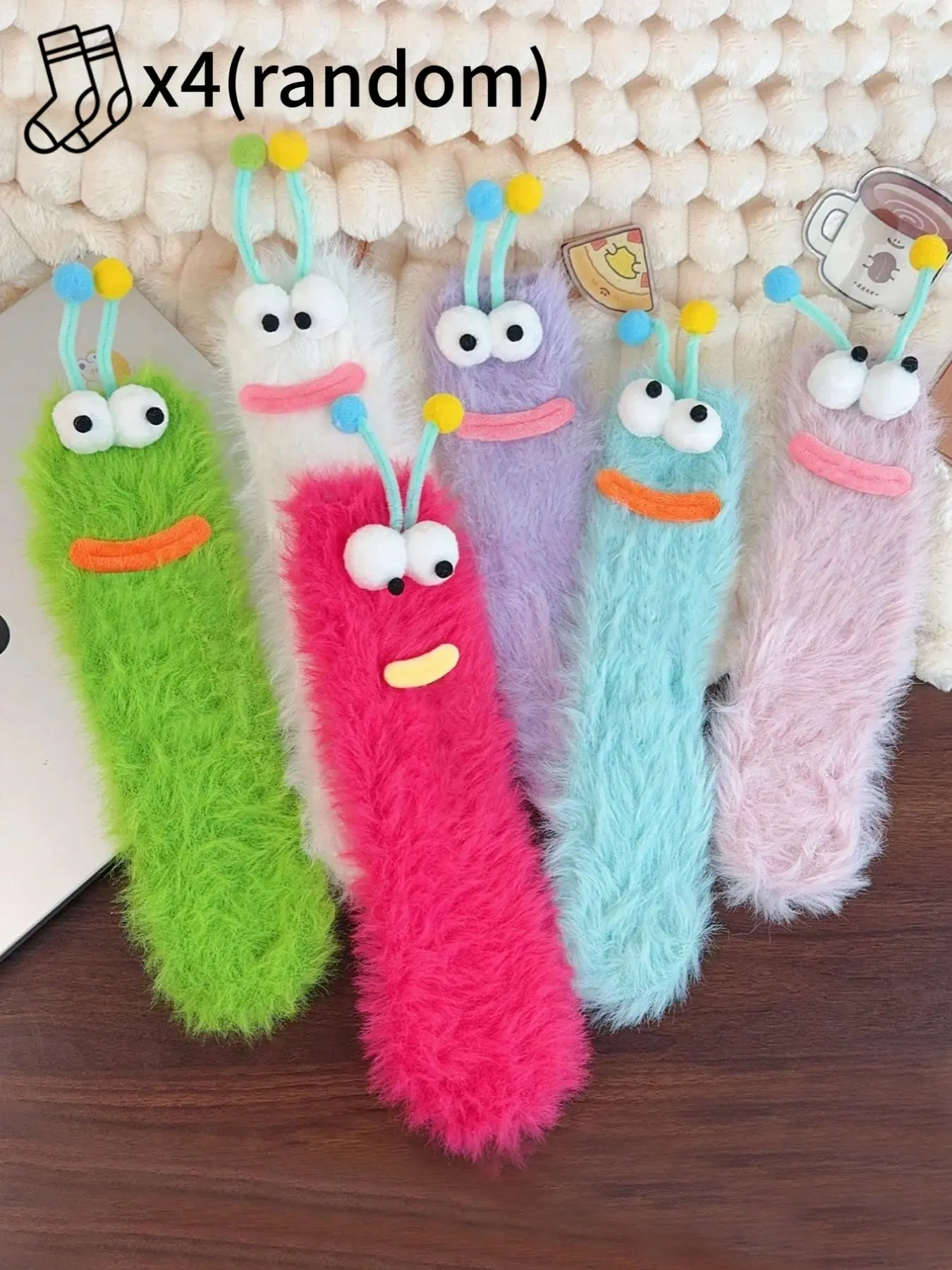 4-Pair Random Selection 3D Pop-Eye Monster Extra-Long Plush Socks for Women: Ankle Socks, Knee-Highs, Thigh-Highs, Casual Socks, Creative and Funny Tentacle Sock Set—The Perfect Prank Gift from Weird Core