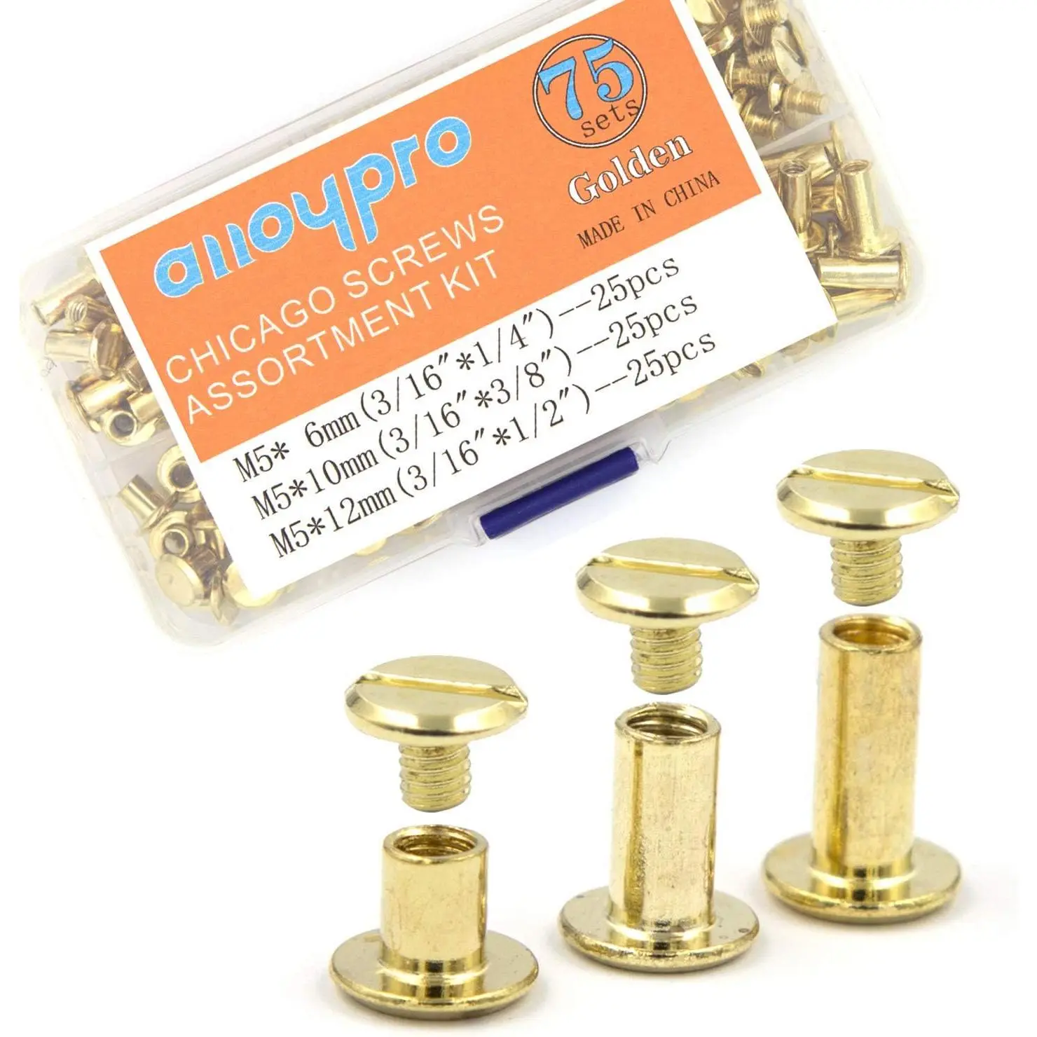 75 Sets Chicago Screws  Kit 3 Sizes Golden Leather Rivets 1/4 3/8 1/2 Screw Rivets Flat Fillister Book Binding Posts  Rivet Chicago  for DIY Leather Craft Bookbinding (5 x 6,10,12)