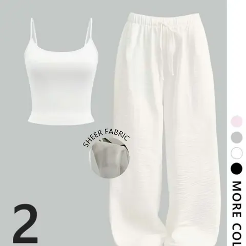 Women's Solid Color Two-Piece Set Pajamas Loungewear, Adjustable Strap Crop Cami & Drawstring Waist Pants, Fitted Comfortable All-Season Outfit