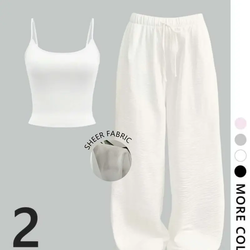 Women's Solid Color Two-Piece Set Pajamas Loungewear, Adjustable Strap Crop Cami & Drawstring Waist Pants, Fitted Comfortable All-Season Outfit