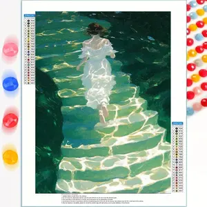 5D Diamond Painting Fantasy Ocean Stairway Girl DIY Full Drill Diamond Art Kit Dreamcore Aesthetic Wall Decor Woman in White Dress Seascape Artwork Bedroom Living Room Home Decoration Relaxing Craft Gift Diamond Pattern Design