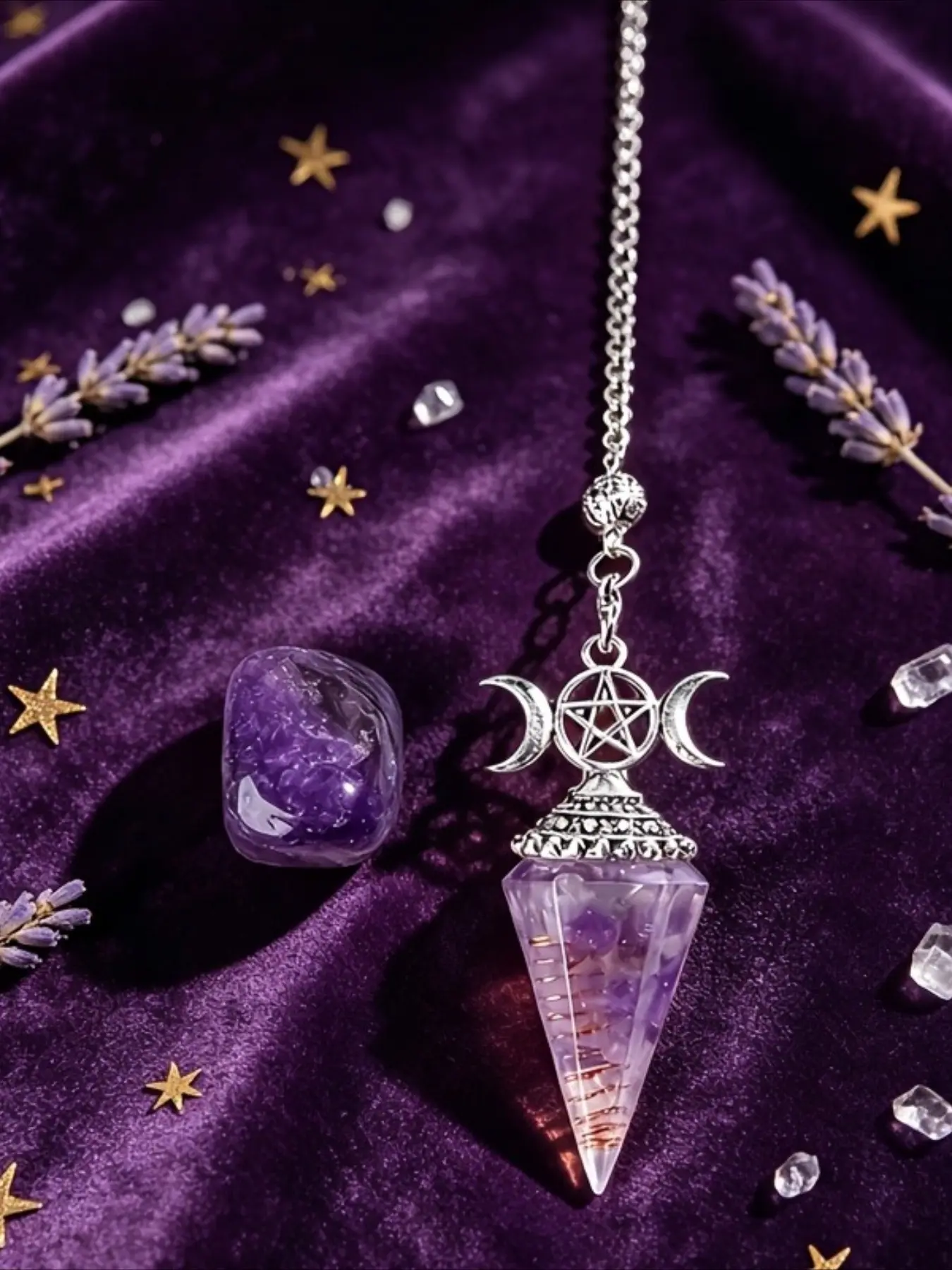 2‑Piece Vintage Old‑Silver Synthetic Crystal Hexagonal Cone Hanging Pendulum Set, Natural Quartz Meditation Halloween Dowsing Tool, Synthetic Crystal Necklace Pendant