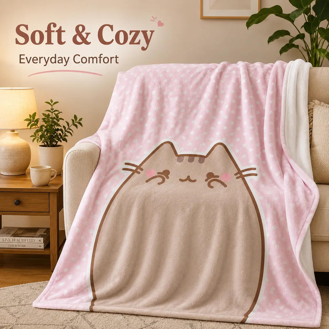 Pusheen Cat Plush Throw Blanket - Ultra Soft Flannel Fabric, Adorable Kawaii Design, Modern Home Room Decor, Cozy Naps Essential, Perfect Gift for Anime Fans, Portable Office Nap Cover, House Decor