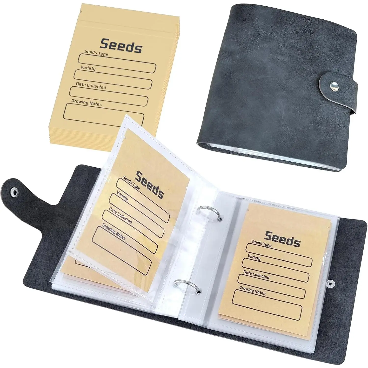Seed Organizer Storage Binder with 50 count Resealable Seed Envelopes, Gray | 50 Pockets, 3.5x5 Inch Clear Sleeves, Seed Saver for Garden Lover