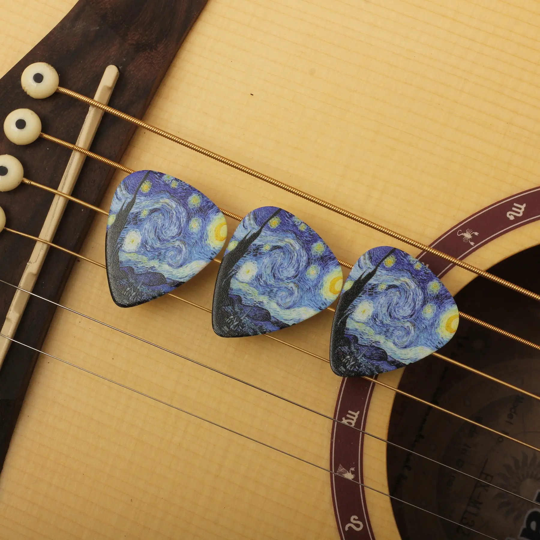 Van Gogh Starry Night Guitar Picks Set, 3 Pcs with Case, Three Thicknesses, 0.46mm, 0.71mm, 0.96mm, Acoustic & Electric Guitar, Durable
