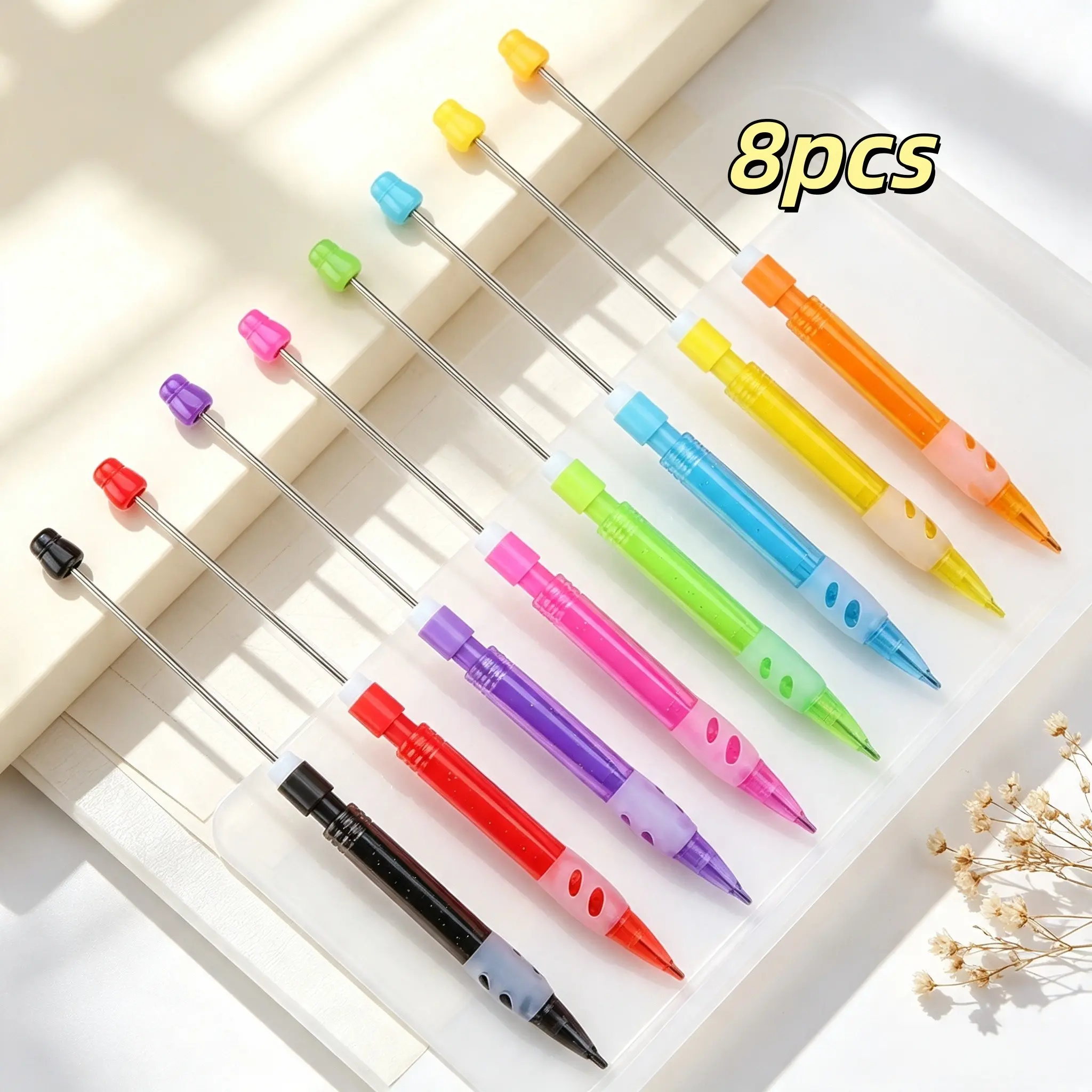 8pcs Colorful Transparent DIY Bead Pencils, Detachable Plastic Bead Pens, Smooth Writing, Kids' Art Supplies, Party Gifts, High-Value Desk Accessories